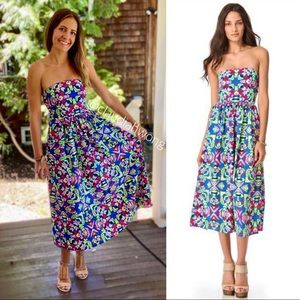 MARA HOFFMAN Strapless Geometric Printed Midi Sun Dress in Blue